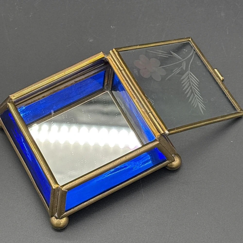 Vintage Via Vermont Cobalt Blue Stained Glass Trinket Box - Etched Floral Lid